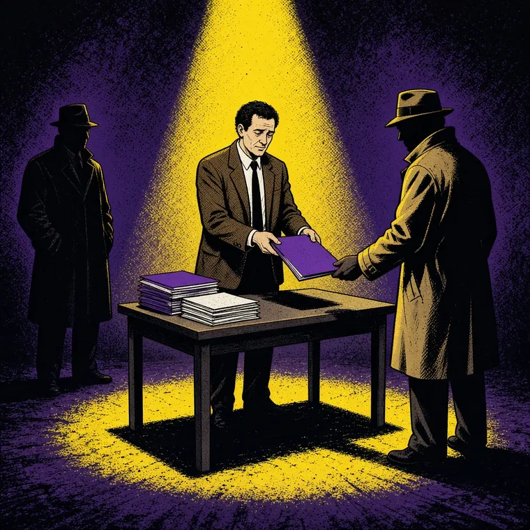 Dessin : un guichetier tendant un dossier à un homme en imperméable et chapeau, un troisième silhouette dans l'ombre
